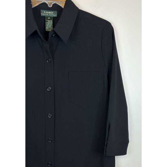 LAUREN RALPH LAUREN Black Button Wool Blend Shirt Dress Women 12 Midi 3/4 Office - Picture 6 of 10